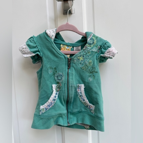 Guess 3T Girls Green Embroidered Short Sleeve Hoodie Sweatshirt with Lace Trim - Picture 1 of 9